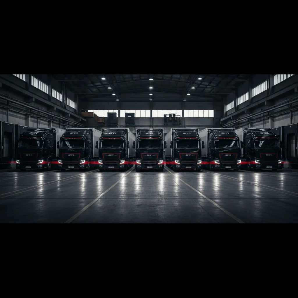 Gritty high-contrast photo of G.T.I Trucking delivery fleet