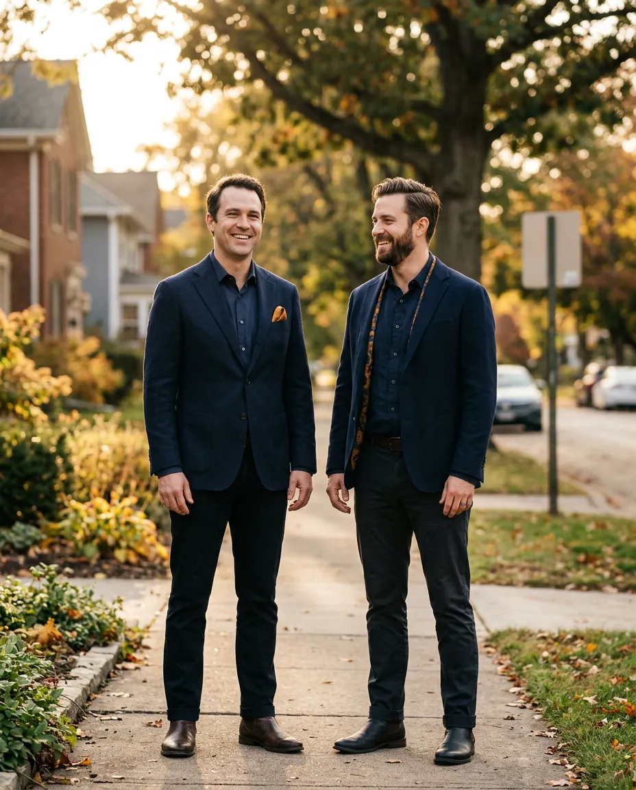 Vinay and Manu Baria, local brothers and West Michigan property buyers standing together on a residential street
