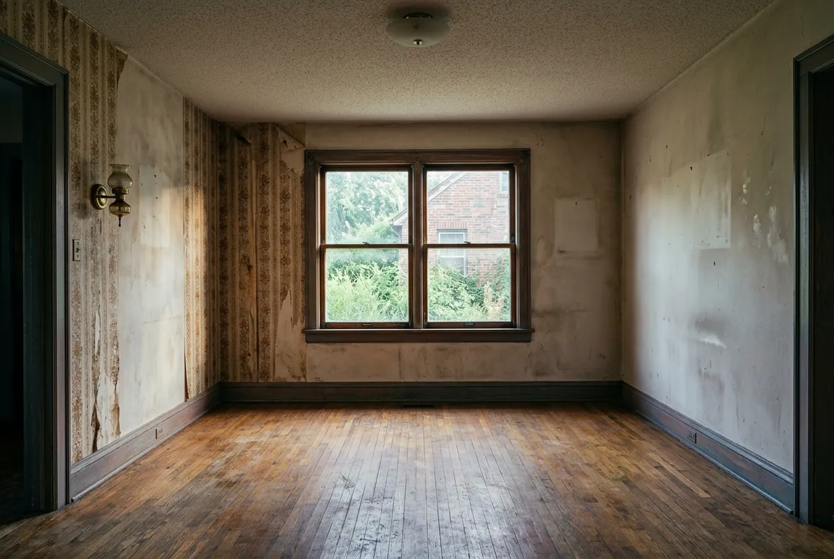 Honest interior of an unrestored Michigan fixer upper with worn floors and unfinished repairs