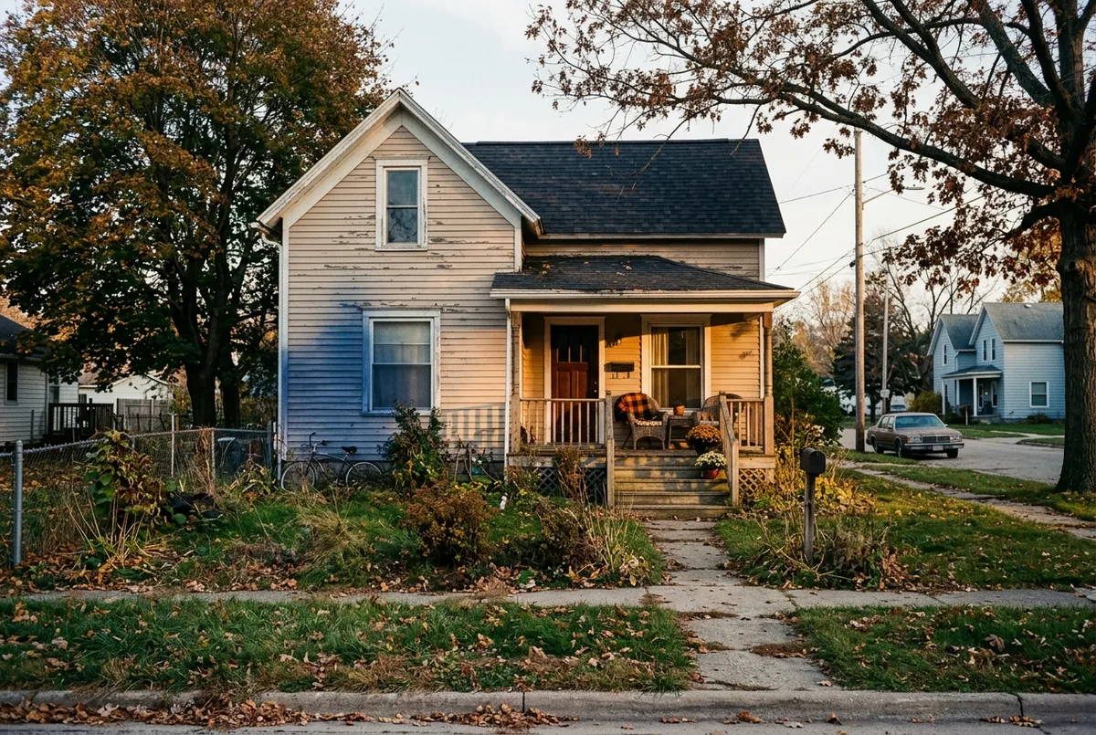 Exterior of an older residential property with yard and front porch in West Michigan