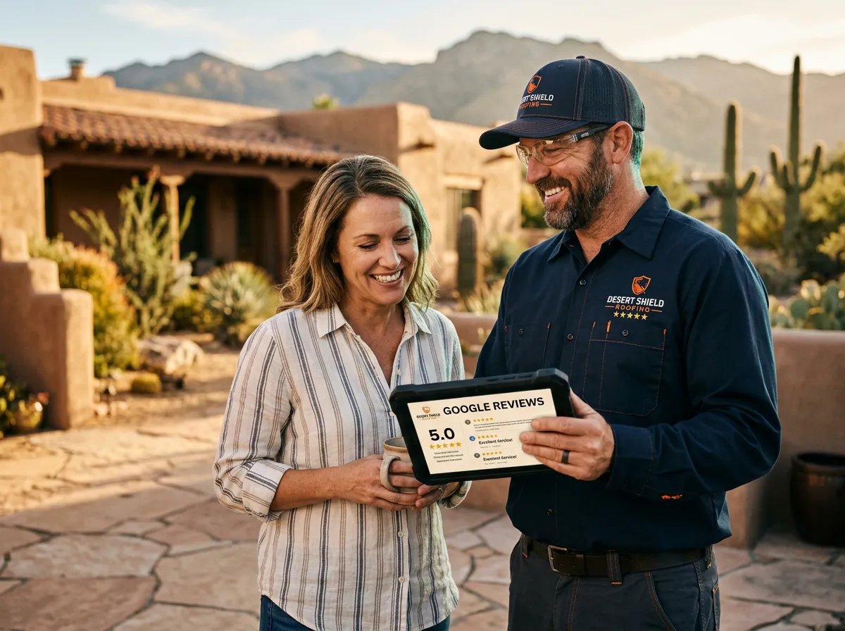 Tucson roofing contractor showing 5-star Google review dashboard to happy homeowner client