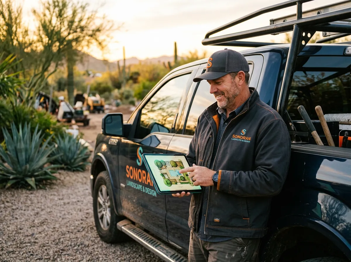 Scottsdale commercial landscape business owner reviewing automated pipeline stages on tablet