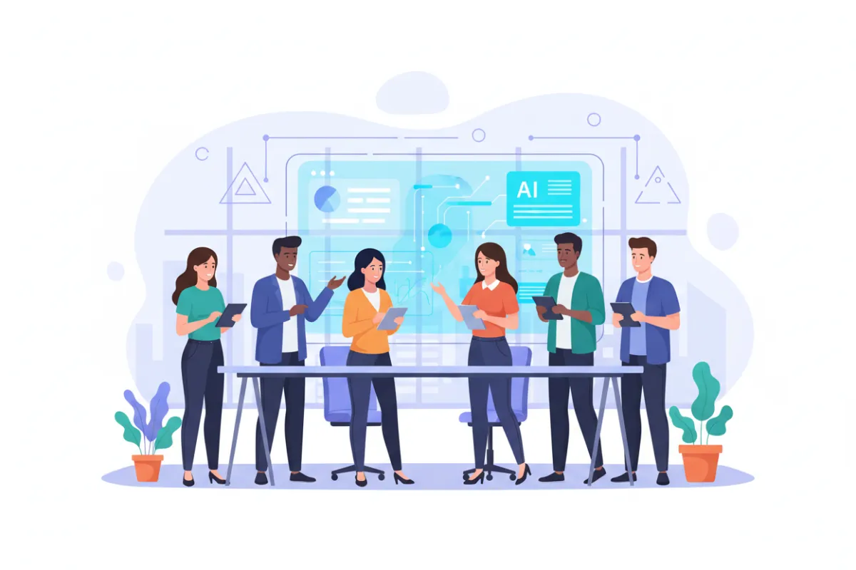 A modern, diverse team of digital marketers collaborating around a large screen displaying AI analytics dashboards, with vibrant blue gradients and subtle tech motifs in the background. The team includes men and women of various ethnicities, all focused and engaged, in a bright, open office. 3:2 aspect ratio.