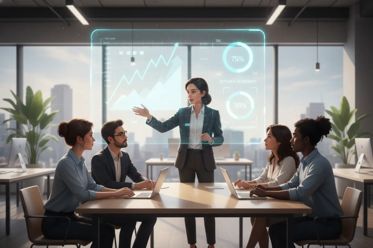 A dynamic scene of a marketing agency leader presenting a growth chart to a small team, with digital graphs and ROI metrics projected in the air, set in a modern workspace with natural light. 3:2 aspect ratio.