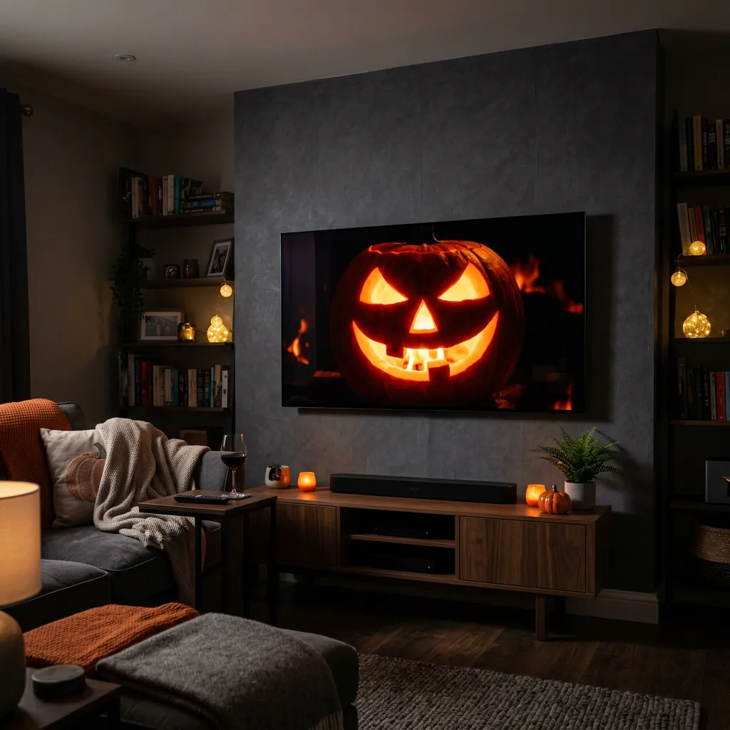 A large flat-screen TV displaying a glowing jack-o'-lantern face in a dark living room.