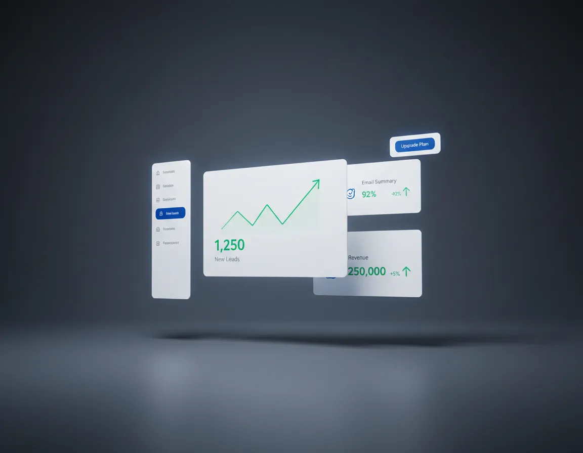 High-fidelity dashboard visual with floating UI cards showing leads and revenue metrics