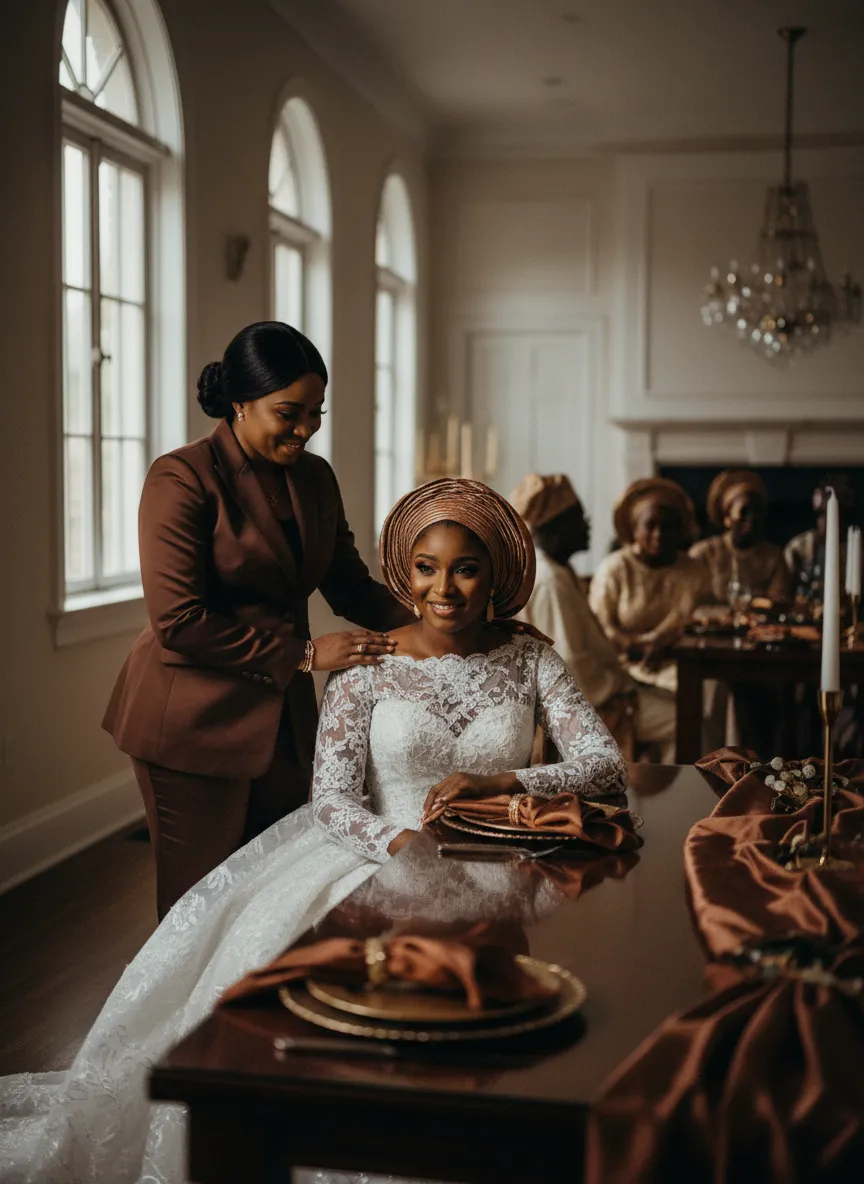 Candid photo of a bride looking slightly overwhelmed but supported by her Nigerian wedding planner