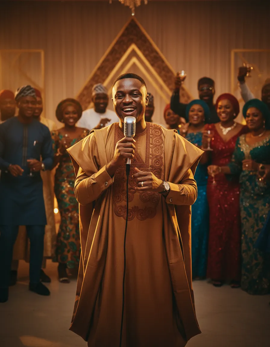 Editorial documentary portrait of an MC hosting a vibrant Nigerian celebration
