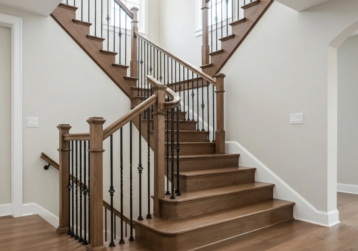 Wooden staircase with black iron balusters in a modern home