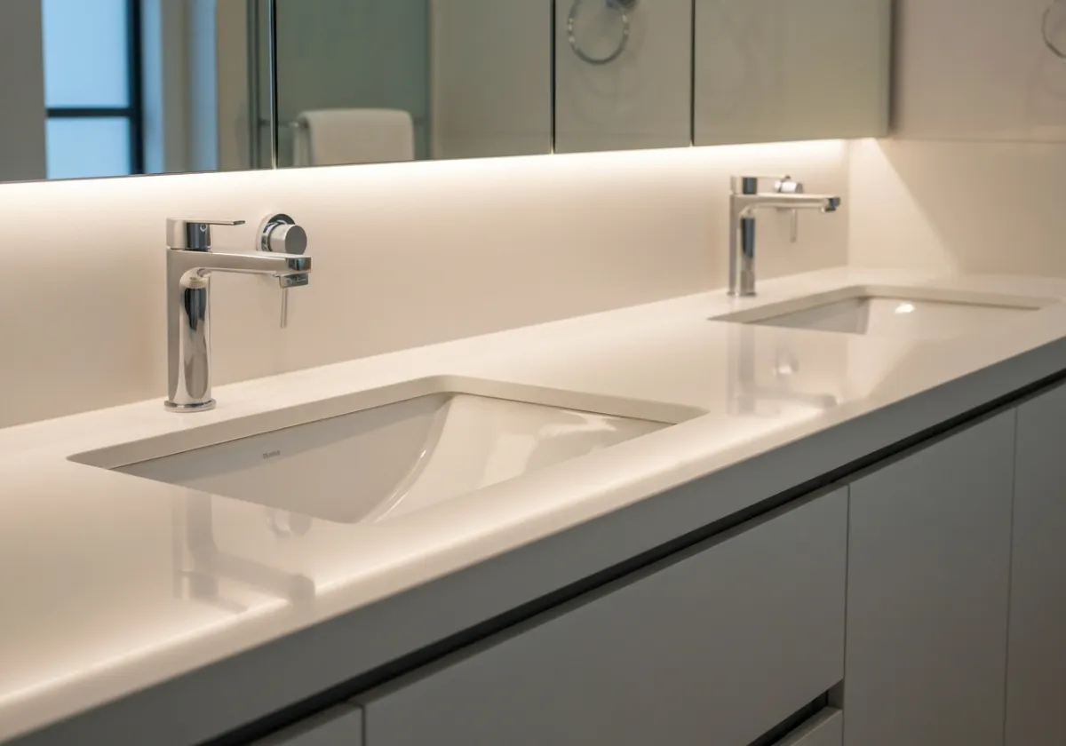 Bathroom vanity detail with modern dual sinks and white countertops