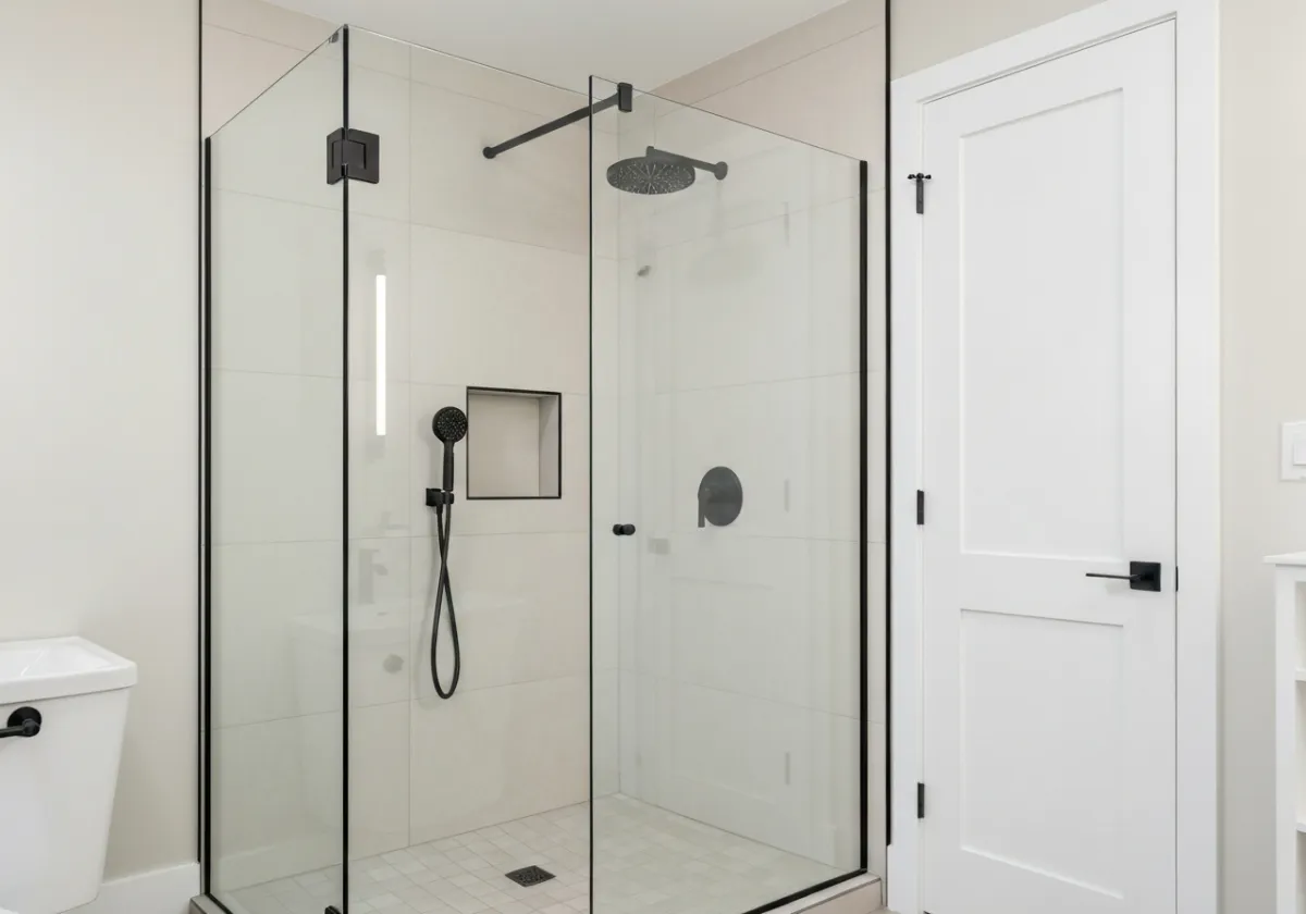 Walk-in shower with glass enclosure and black fixtures
