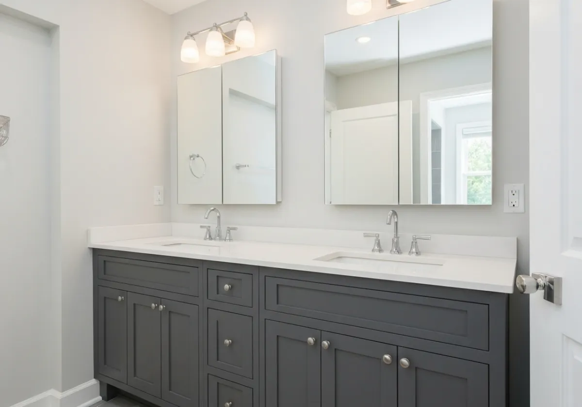 Bathroom remodel showing dual sink vanity with dark cabinets and large mirror