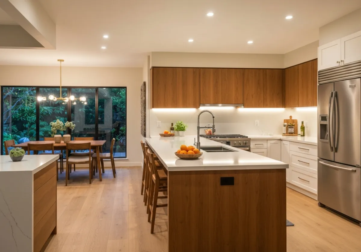 Modern kitchen and dining area with warm lighting
