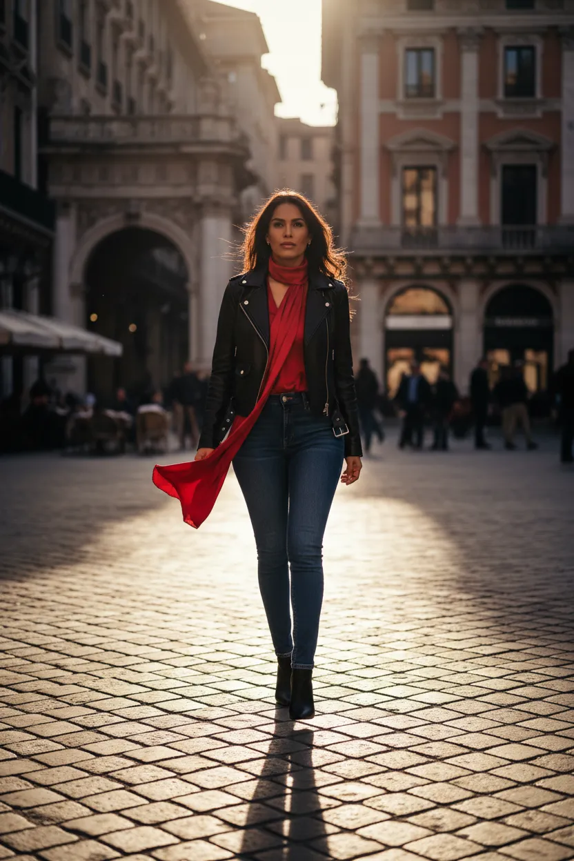 Clienta de Andre Jeans luciendo un outfit en la ciudad