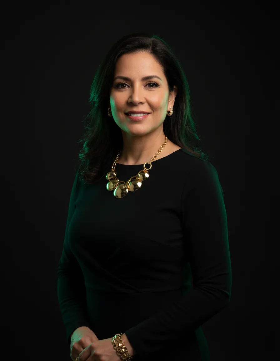 Mujer exitosa usando bisutería AccesModa en campaña editorial