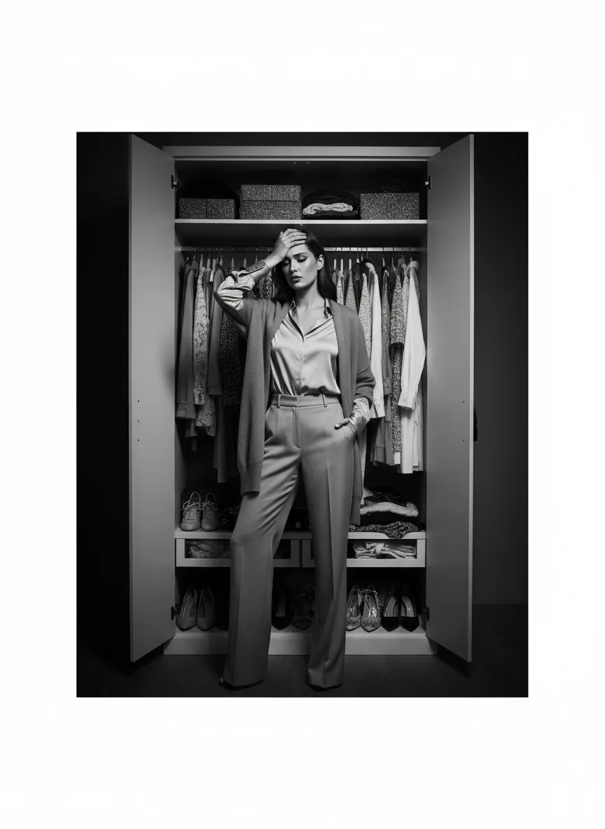 Editorial photo of a woman stressed in front of her closet