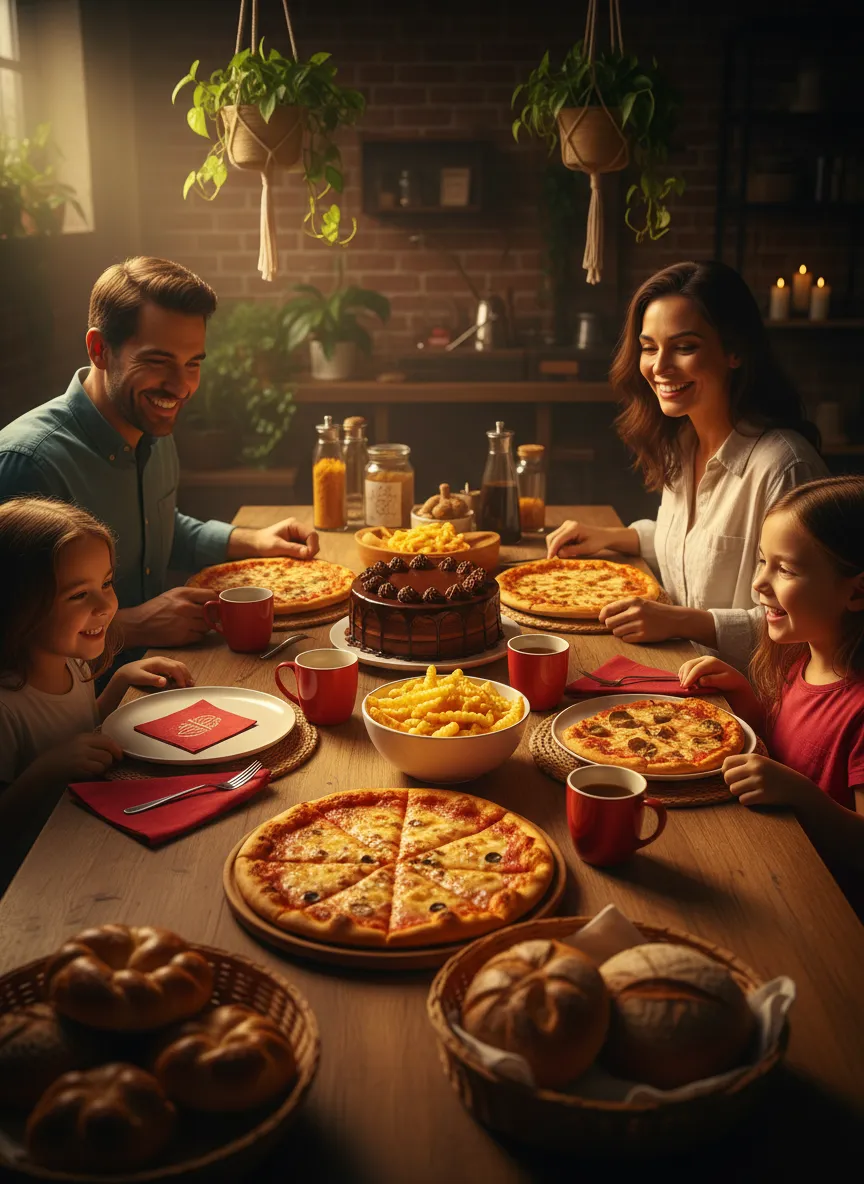 Familia disfrutando de una comida deliciosa en casa