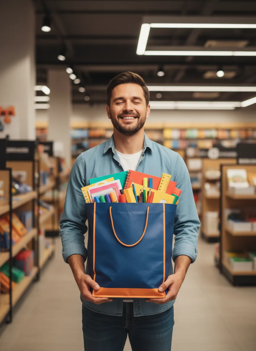 Cliente feliz ahorrando tiempo y dinero comprando toda su lista escolar en Tatiana Plus