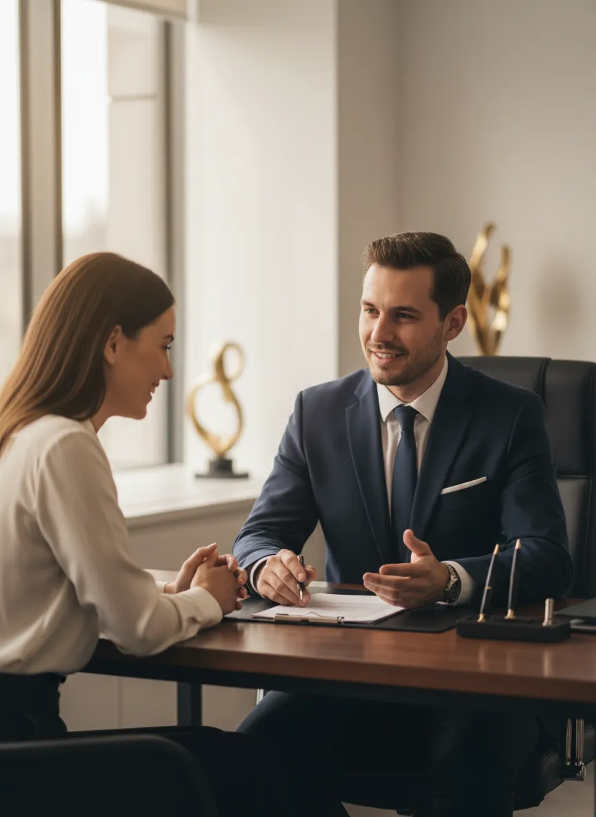 Lawyer in a consultative meeting with a client, demonstrating empathy and professionalism.