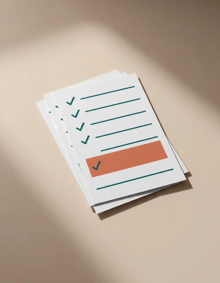 A layered UI element showing a preview of the eBook's checklists. Three stacked 'paper' layers with subtle offset shadows. The top layer shows a clean checklist with teal ticks and title-case serif headers. One item is highlighted with a soft terracotta background.