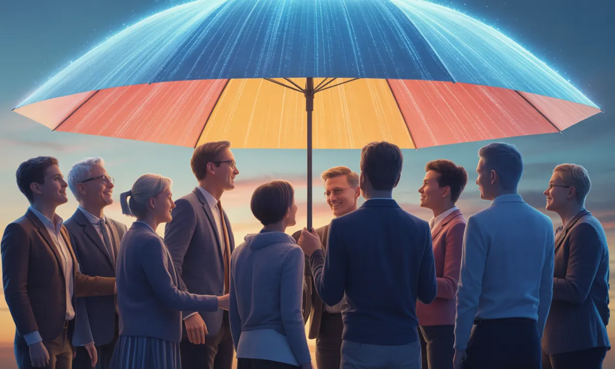 People standing under a giant umbrella representing protection