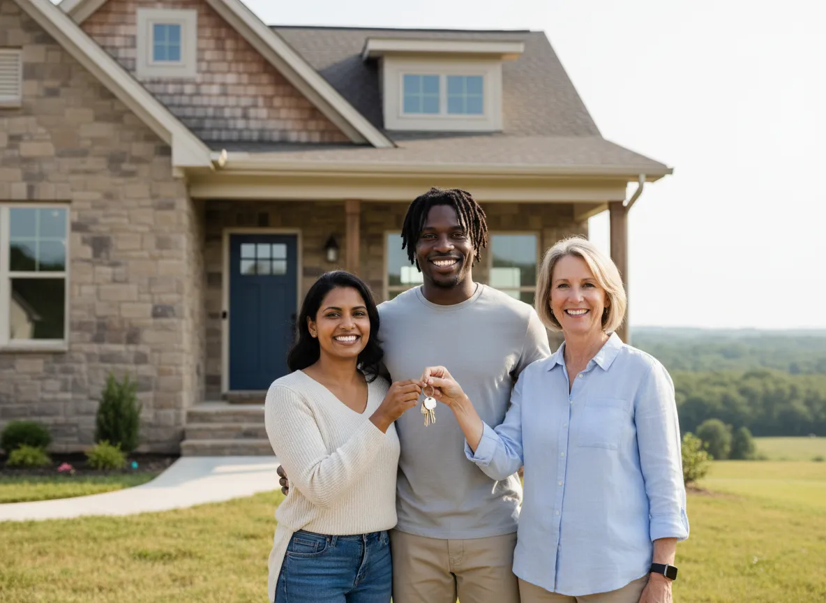Happy homeowners standing in front of a sold house in Northwest Arkansas