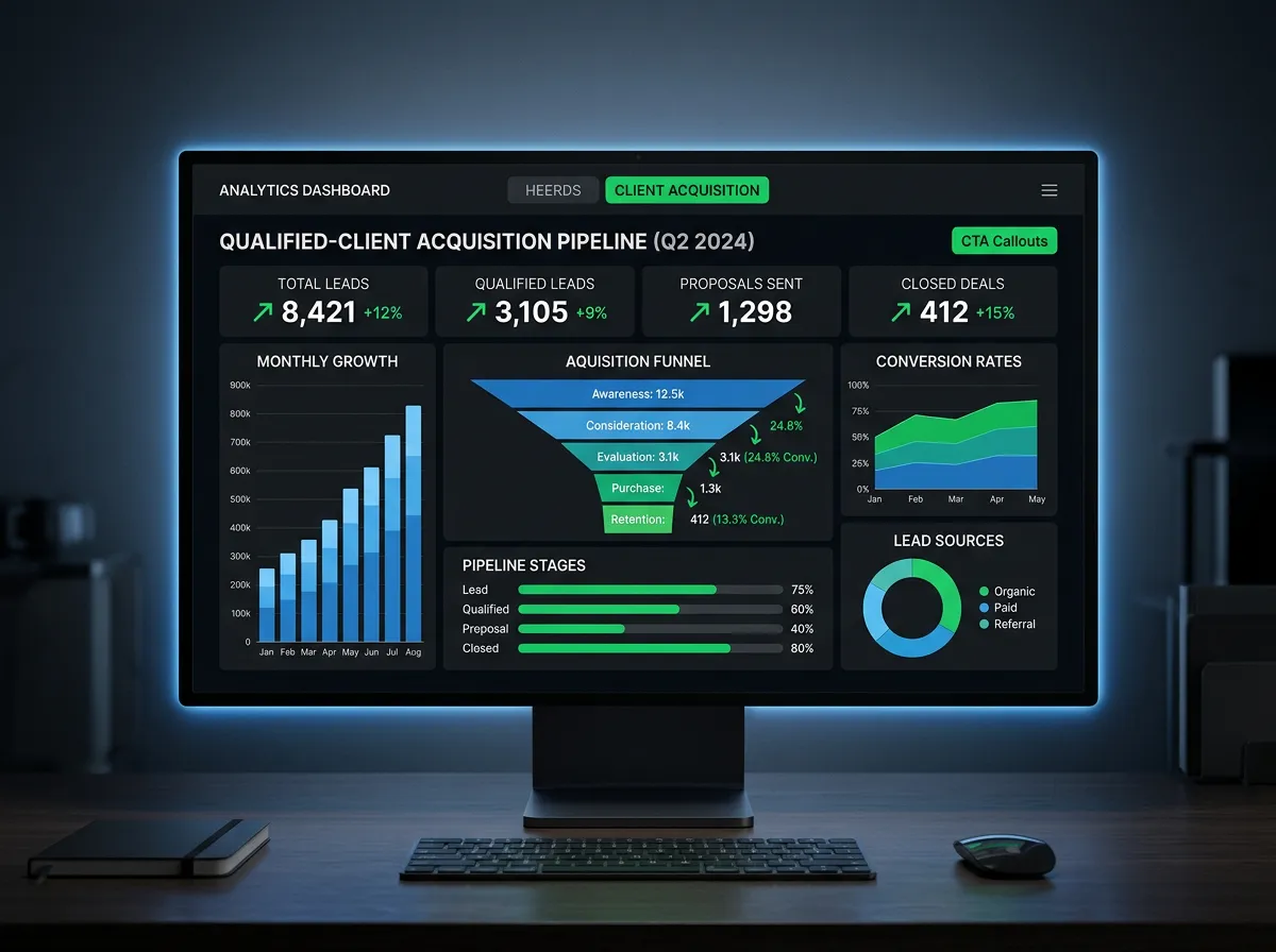 Video lead engine dashboard showing qualified client acquisition pipeline analytics