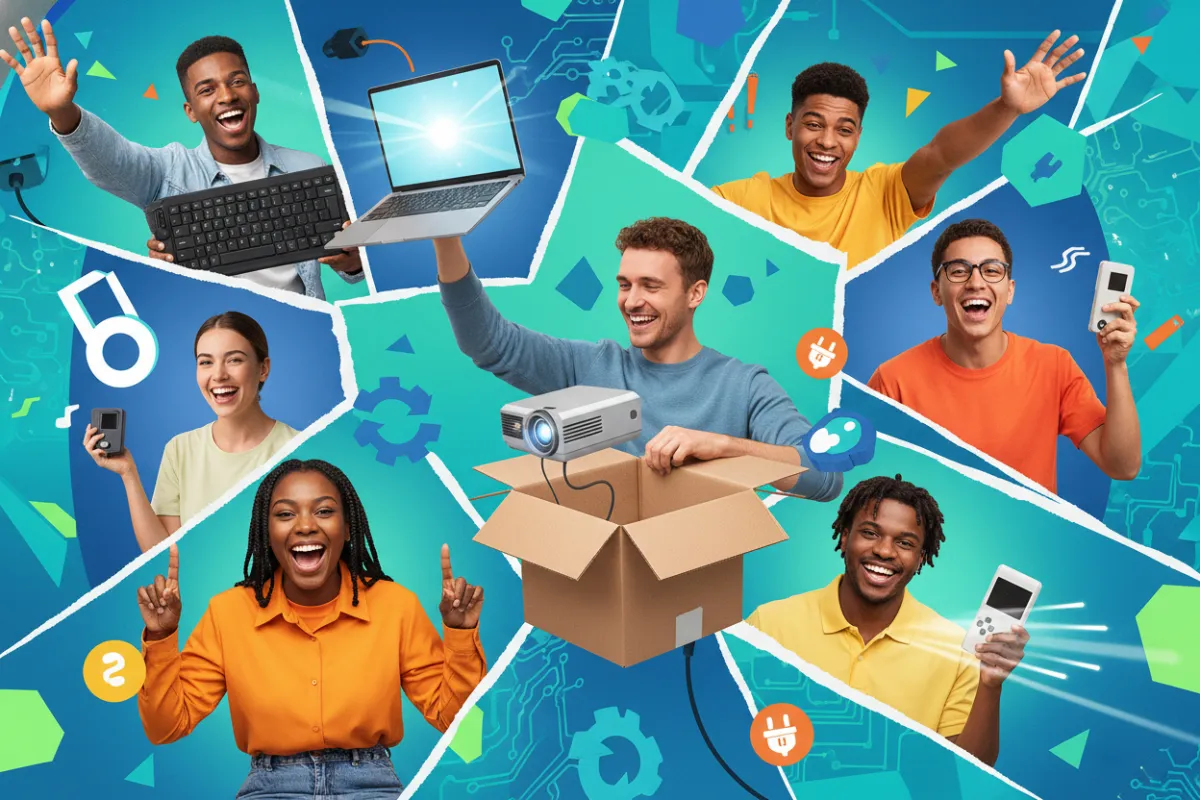 A vibrant digital collage showing a diverse group of young adults excitedly unboxing refurbished laptops and unique gadgets, set against a bright, abstract tech-inspired background with blue and teal gradients. The scene conveys affordability, excitement, and inclusivity, with a modern, energetic composition and crisp, high-contrast lighting.