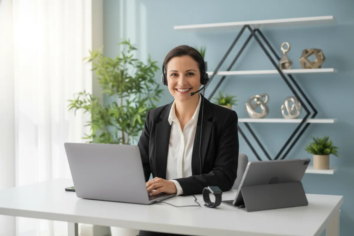 A cheerful customer support representative, mid-30s, wearing a headset and smiling warmly at a desk with a laptop and gadgets, in a bright, modern workspace. The background features soft natural light and subtle tech decor, conveying trust, professionalism, and approachability in a real-world setting.