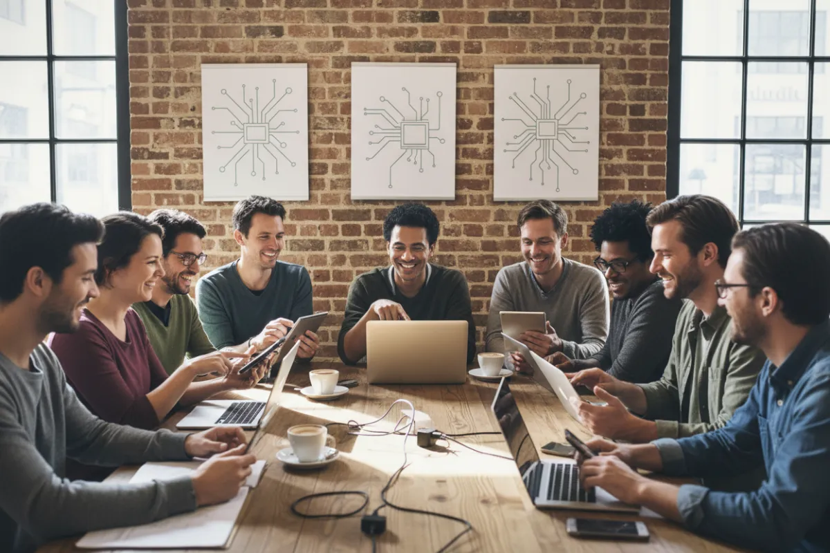A diverse group of people, ages 20-50, gathered around a table with laptops and gadgets, smiling and interacting in a casual, friendly environment. The setting is a cozy, sunlit cafe with tech posters on the wall, capturing a sense of community, collaboration, and shared excitement for technology.