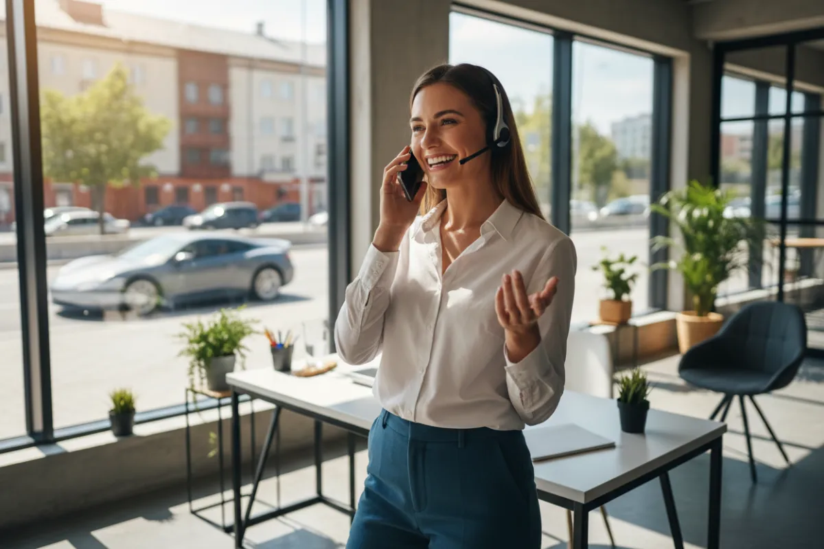 A confident young professional with a headset, smiling while speaking on the phone in a bright, modern workspace, with a blurred car in the background, representing a dynamic appointment booking environment in the car detailing industry.