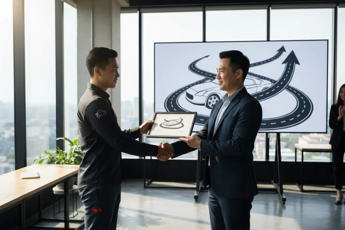 A motivated team member receiving recognition in a modern office, with a manager offering a handshake and a certificate, symbolizing career growth and advancement opportunities in car detailing.
