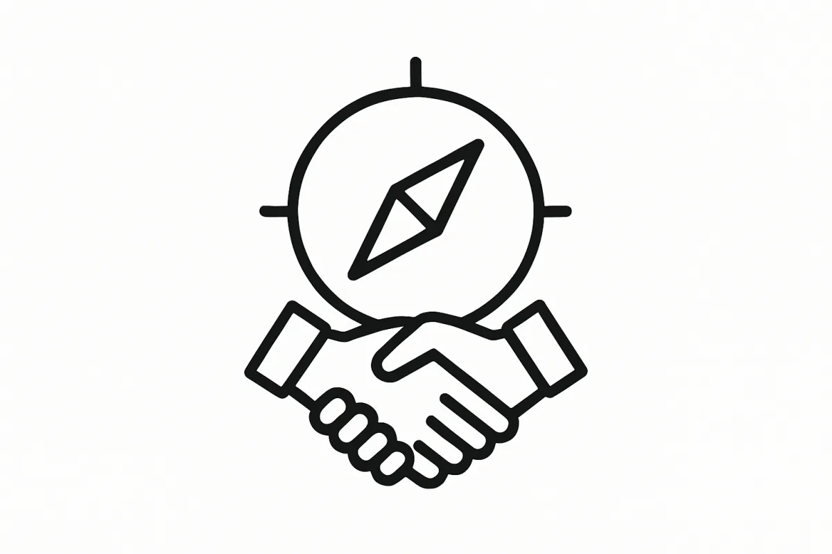 Minimal compass and handshake illustration symbolizing guidance and partnership