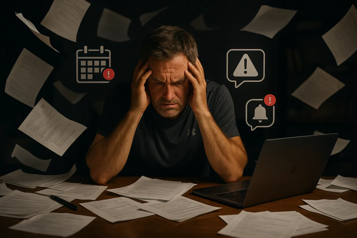 Frustrated coach surrounded by scattered paper, calendar alerts, and phone notifications in a dim studio.