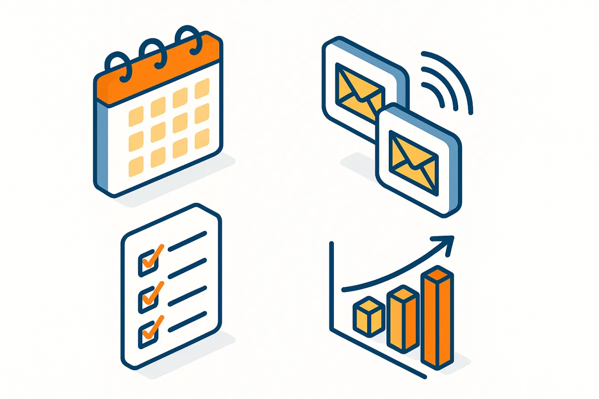 Organized workflow illustration with calendar, email automation icons, checklists, and growth graph