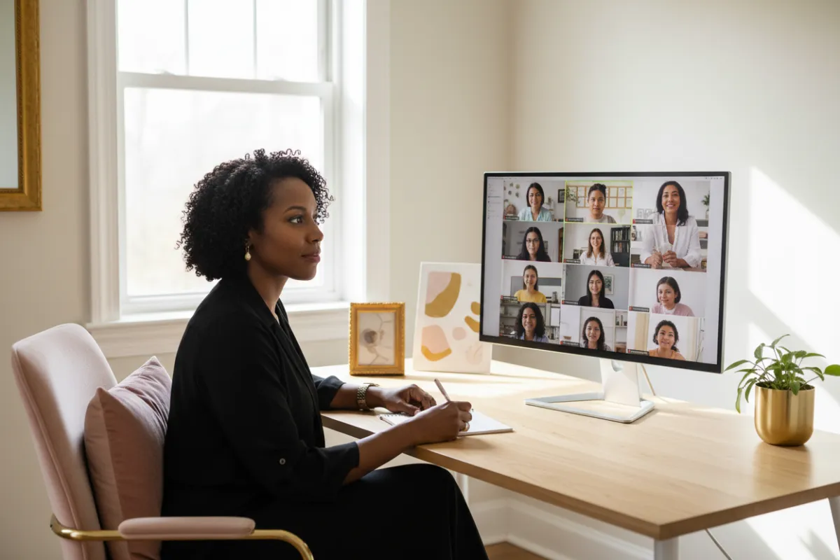 Kimberly James guiding a virtual vision board session with women participating, each focused and engaged, in a softly lit, neutral-toned workspace.