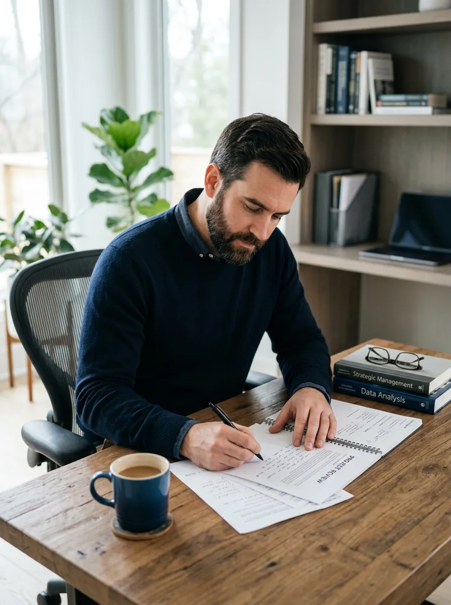 Man with beard sitting at a wooden desk, reviewing and writing on papers, books and coffee mug beside him.