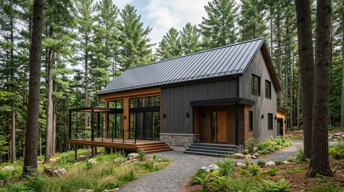 Modern house exterior showing a dark pitched roof, dark siding, and wood accents, surrounded by tall pine trees.