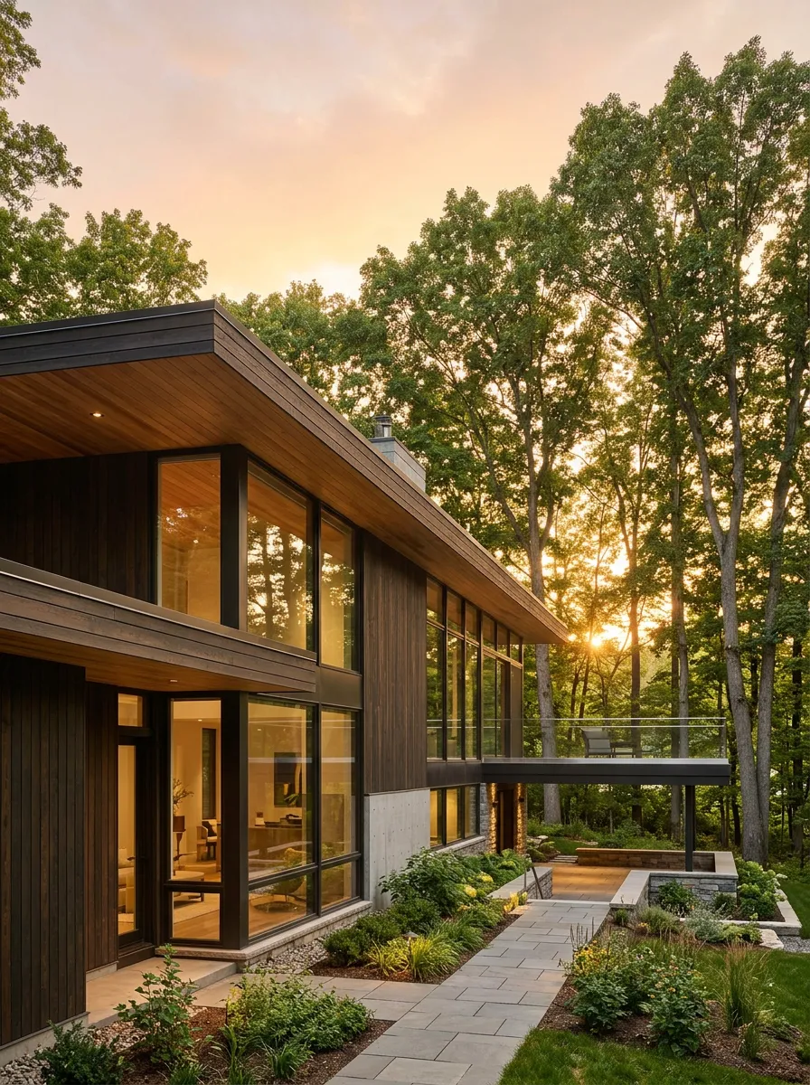 Architectural shot of a modern home with wood soffits, large windows, and sunlight peeking through tall trees at golden hour.