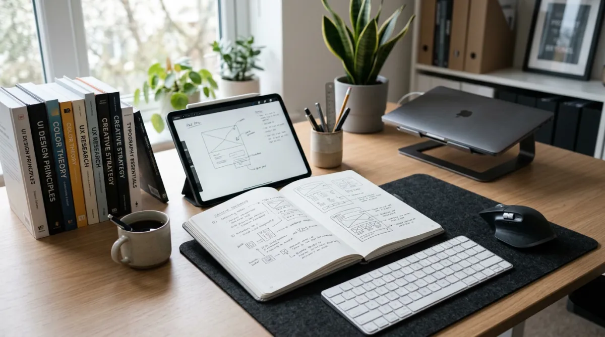 Desk with project notes, sketches, and reference books