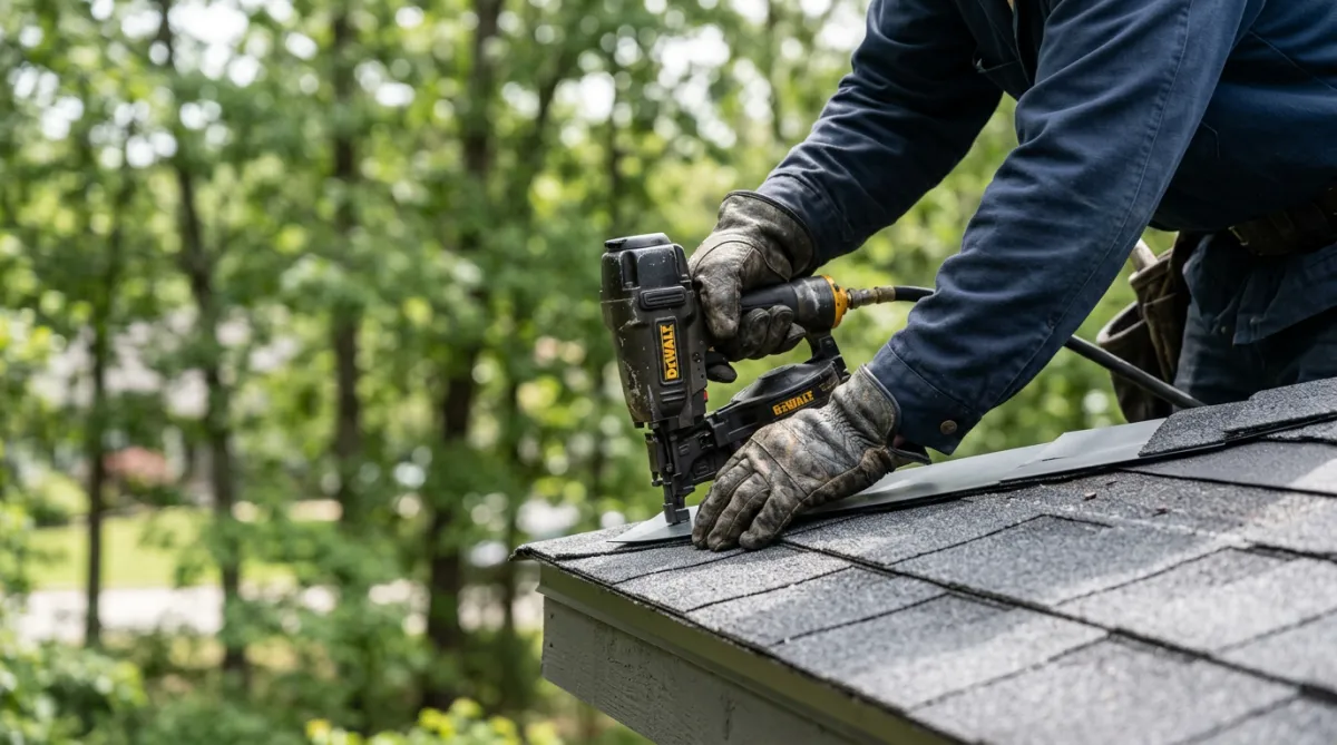 Close-up of a worker wearing heavy gloves installing dark grey asphalt shingles on a roof edge, shallow depth of field with trees in background