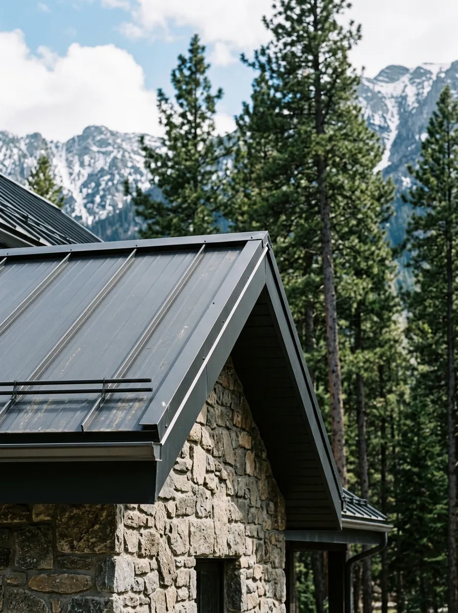 Detail shot of dark metal roofing on a stone building, framed against tall pine trees and a mountainous background.