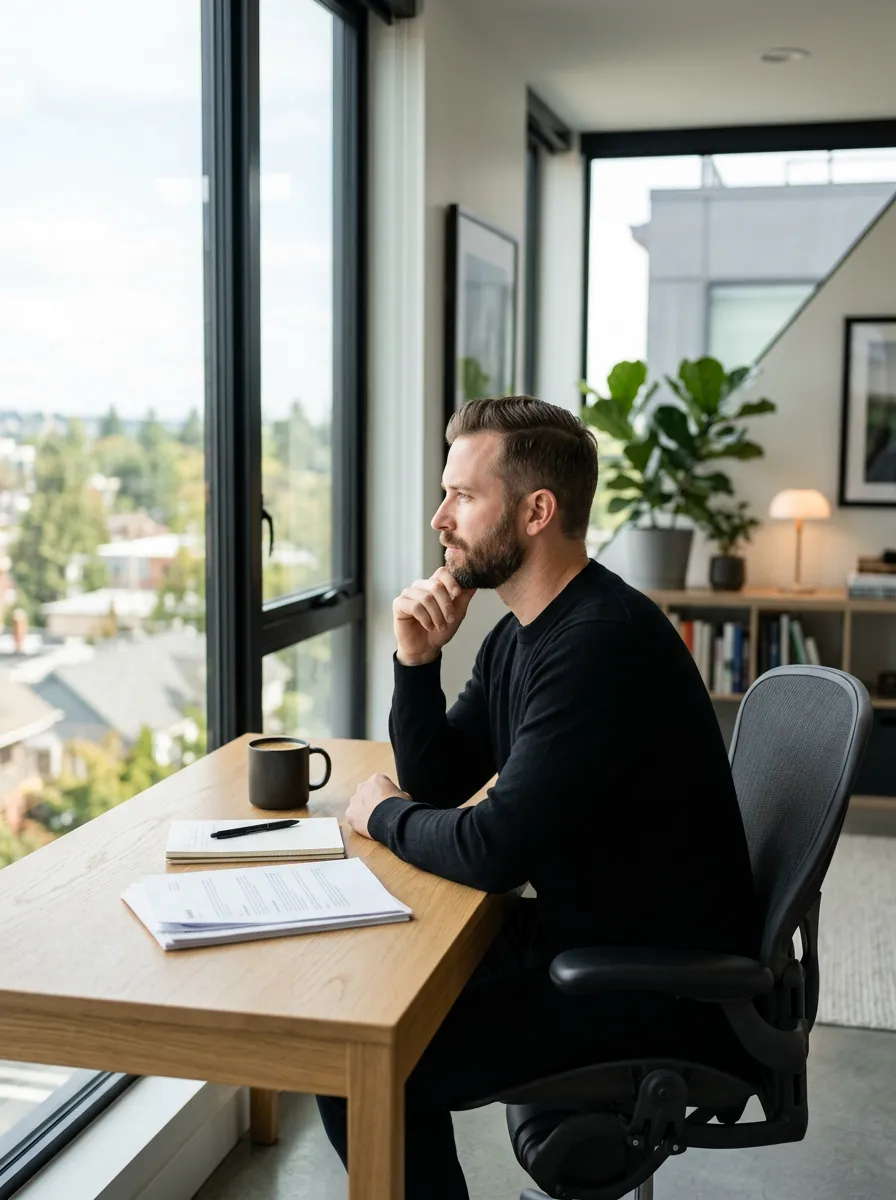 A man in a black sweater sitting at a desk with papers and a mug, looking thoughtfully out a window.