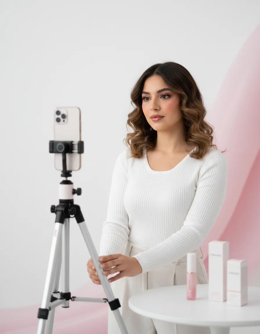 Mujer influencer grabando contenido con su móvil, estilo profesional y aspiracional