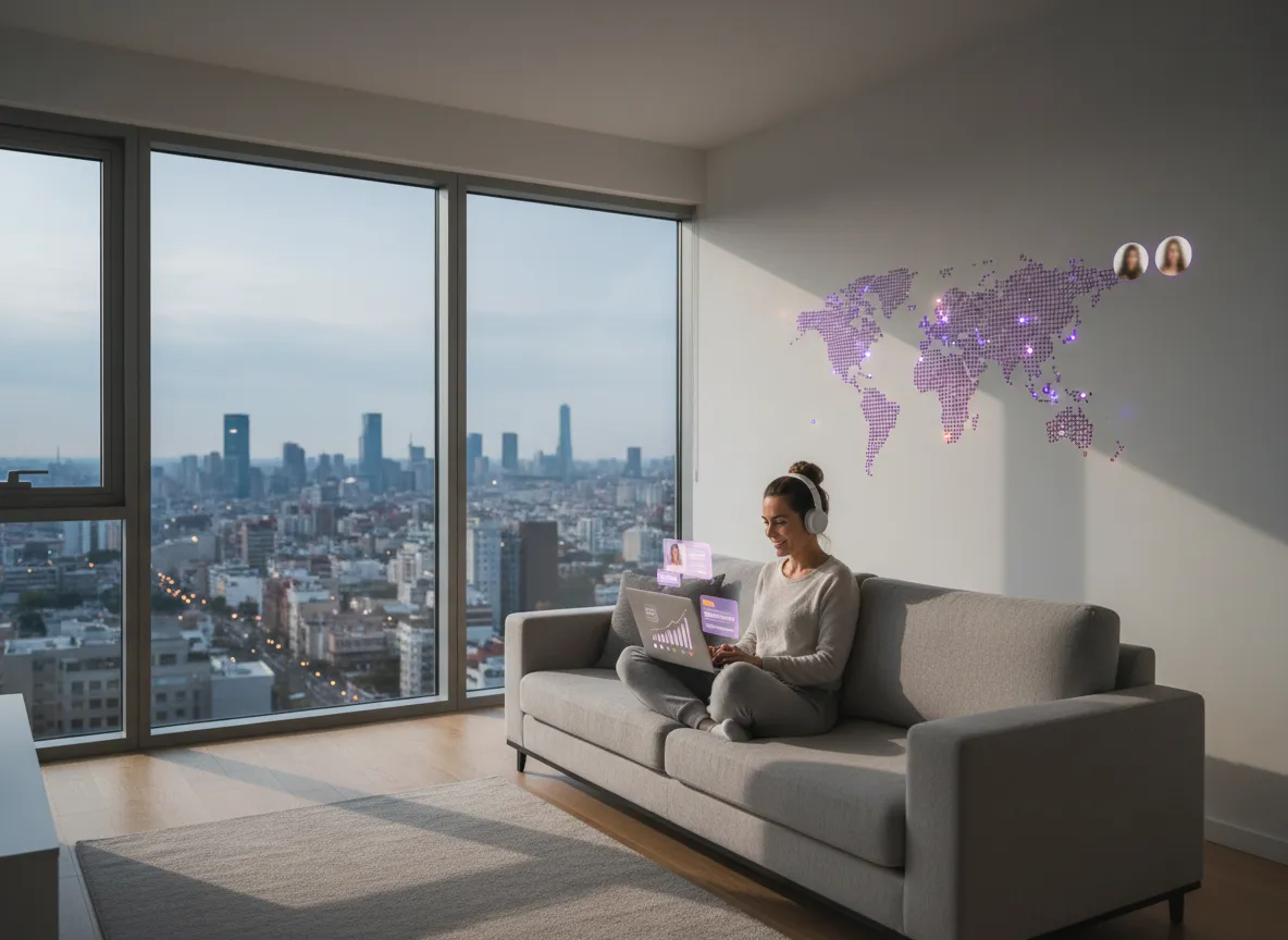 Networker trabajando en remoto con panel de leads y mapa mundial