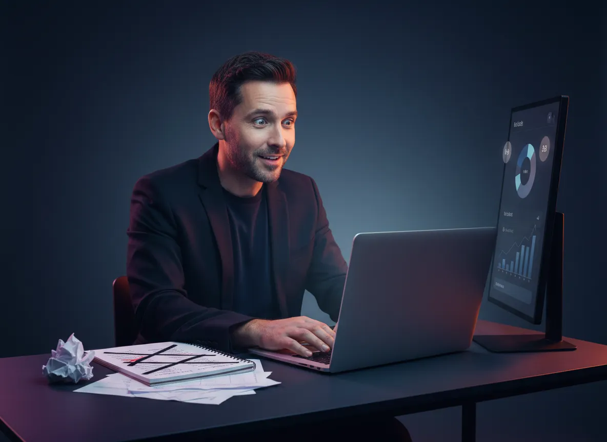 Networker frustrado con métodos tradicionales frente a pantalla con leads online