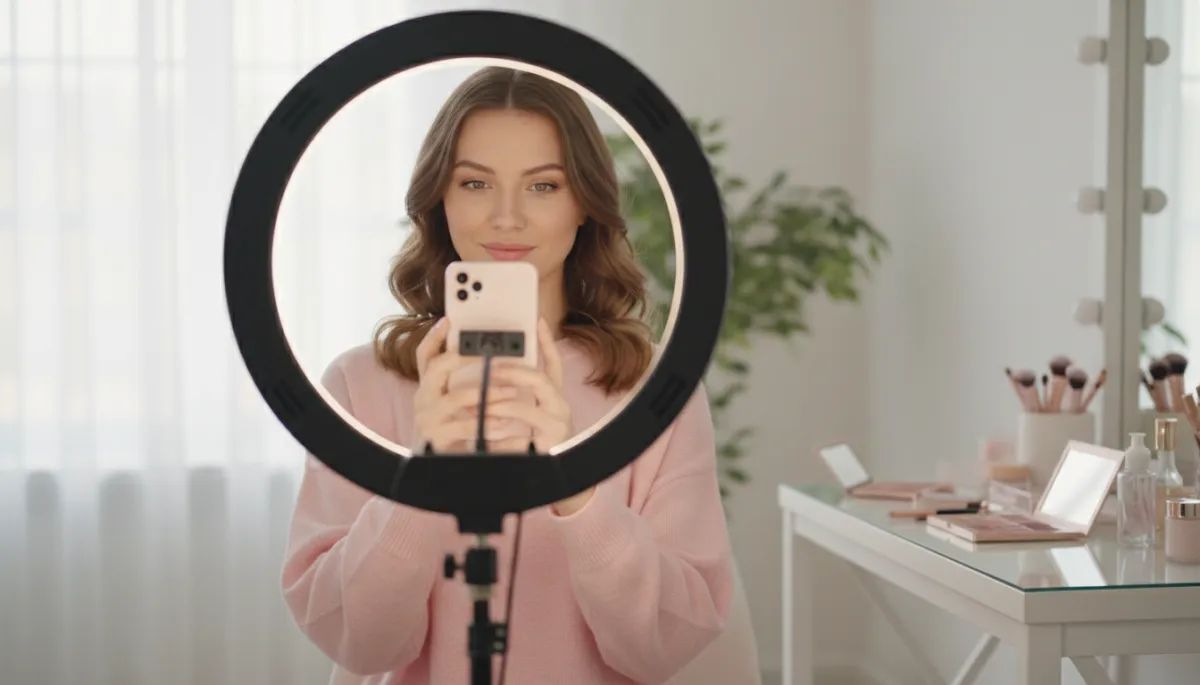 Influencer de belleza grabando contenido con su móvil