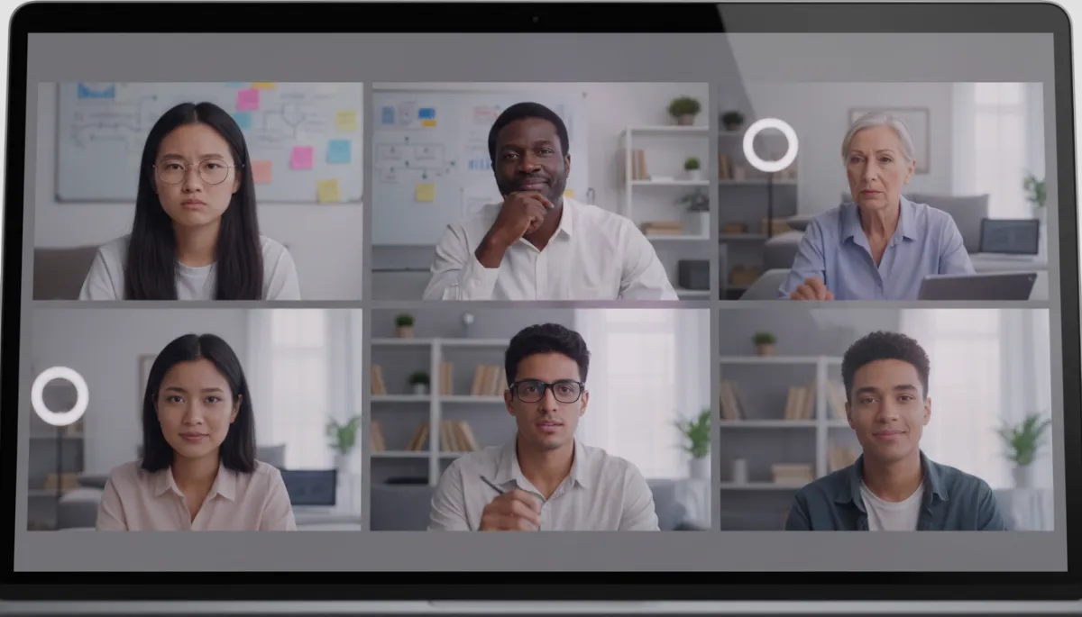 Grupo diverso de networkers en entorno digital sintiendo frustración y esperanza