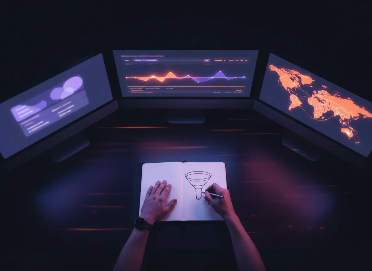 Personas en entorno digital con dashboards y mapa global borroso