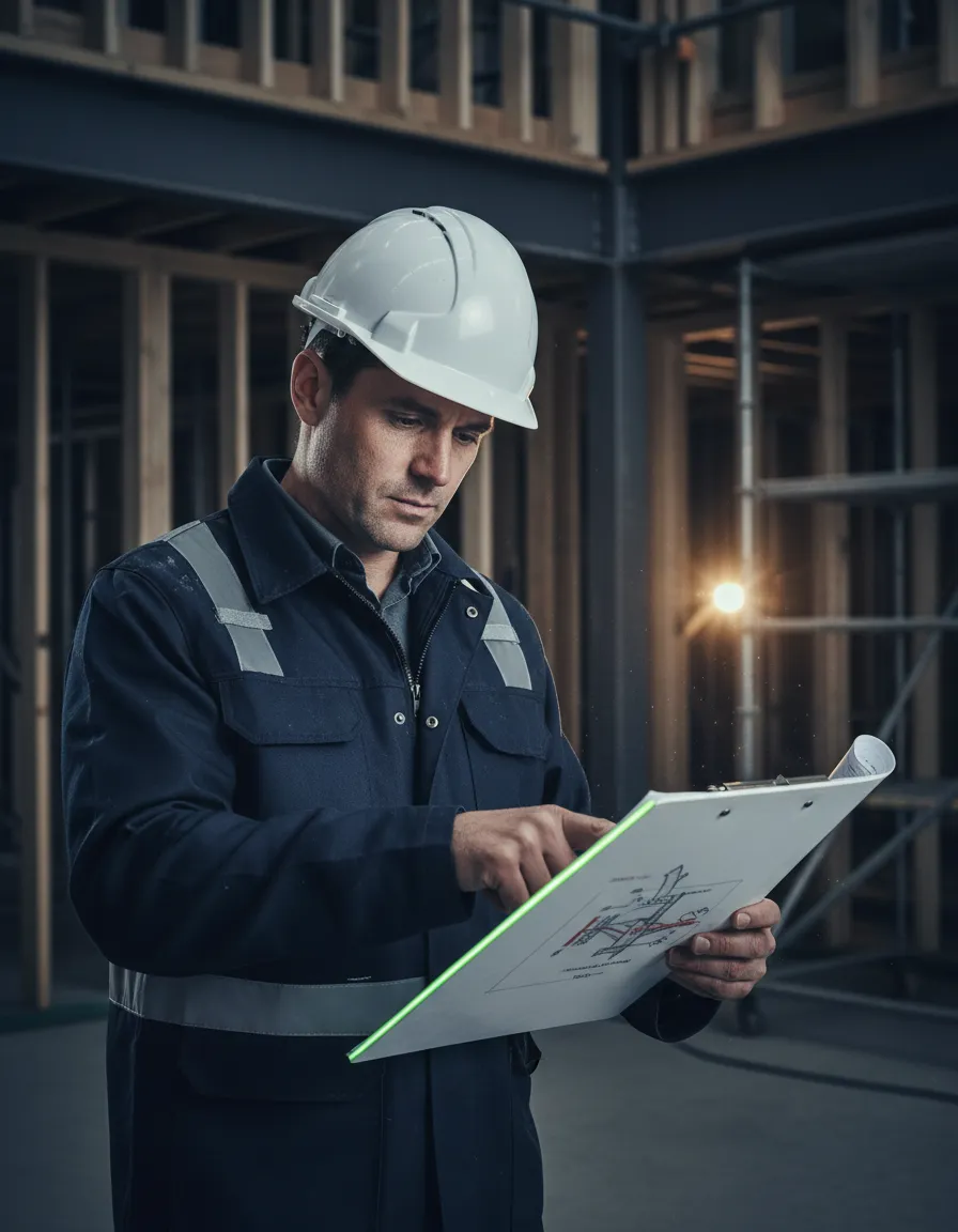 David Bradley-Bowles on a construction site examining thermal bridging details